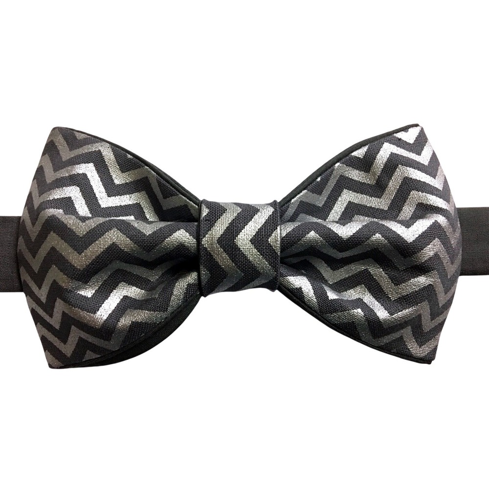 Mens Pre-Tied Bow Tie Metallic Silver Grey Chevron Zig Zag Adjustable Formal